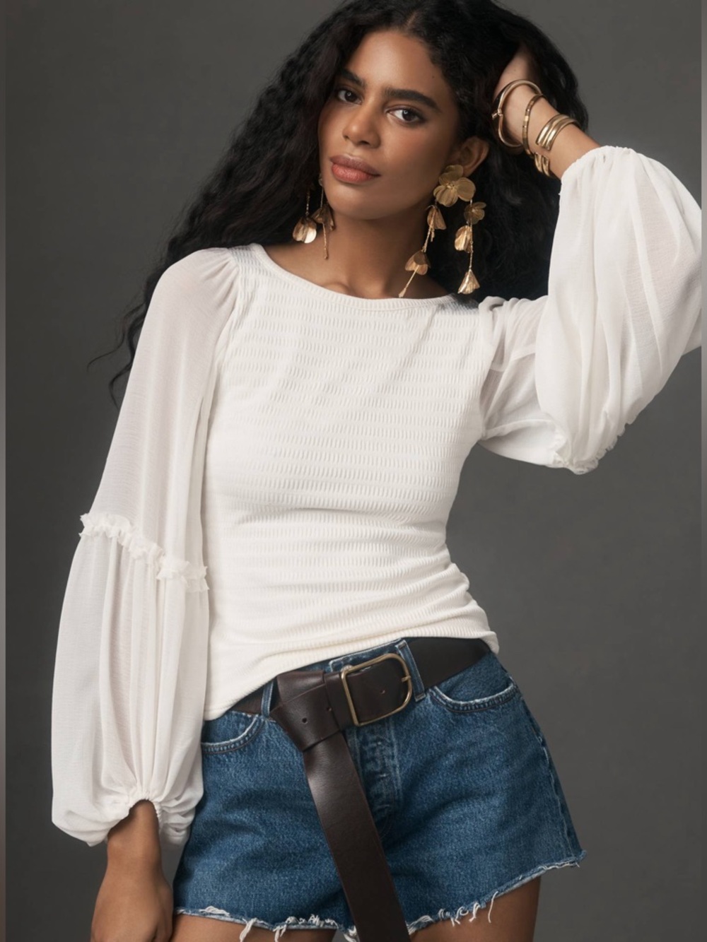 ANTHROPOLOGIE Ivory Smocked Puff Sleeve Top Sheer Balloon Sleeve Small